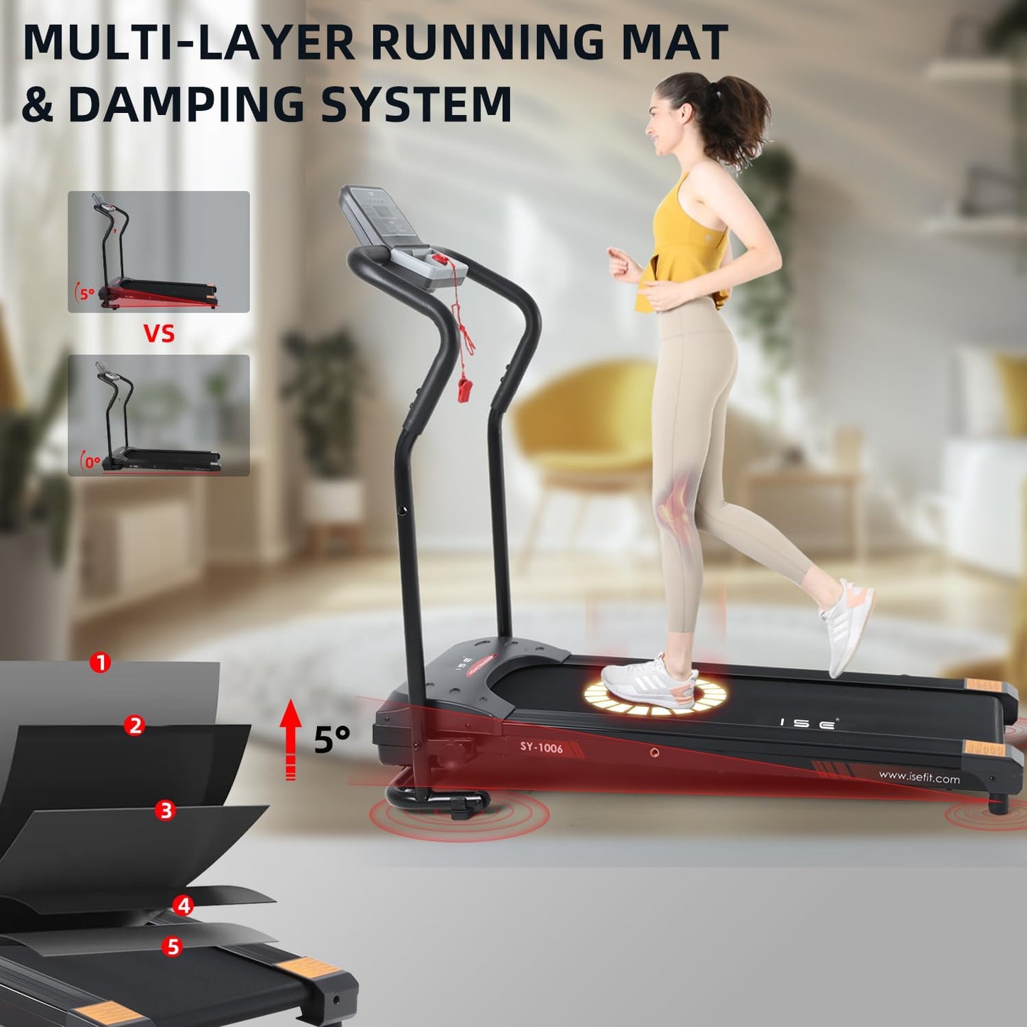 ISE Tapis de Course. Tapis de Course Motorise Inclinable 750W. Tapis de Course Pliable Vitesse Réglable&Ecran LCD. Tapis de Course Compact Appartement/Bureau. Tapis de Course Electrique 5 Programmes
